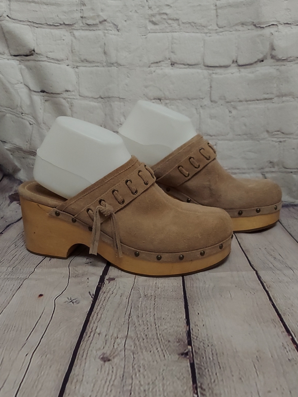 VTG 90s Hokus Pokus Suede Wooden Platform Clog Women's 10 Boho Grommet/Tassel